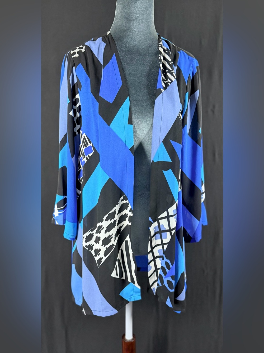 Bob Mackie Kimono S Cover Up Blue & Black Abstract Print Open Front VTG Art